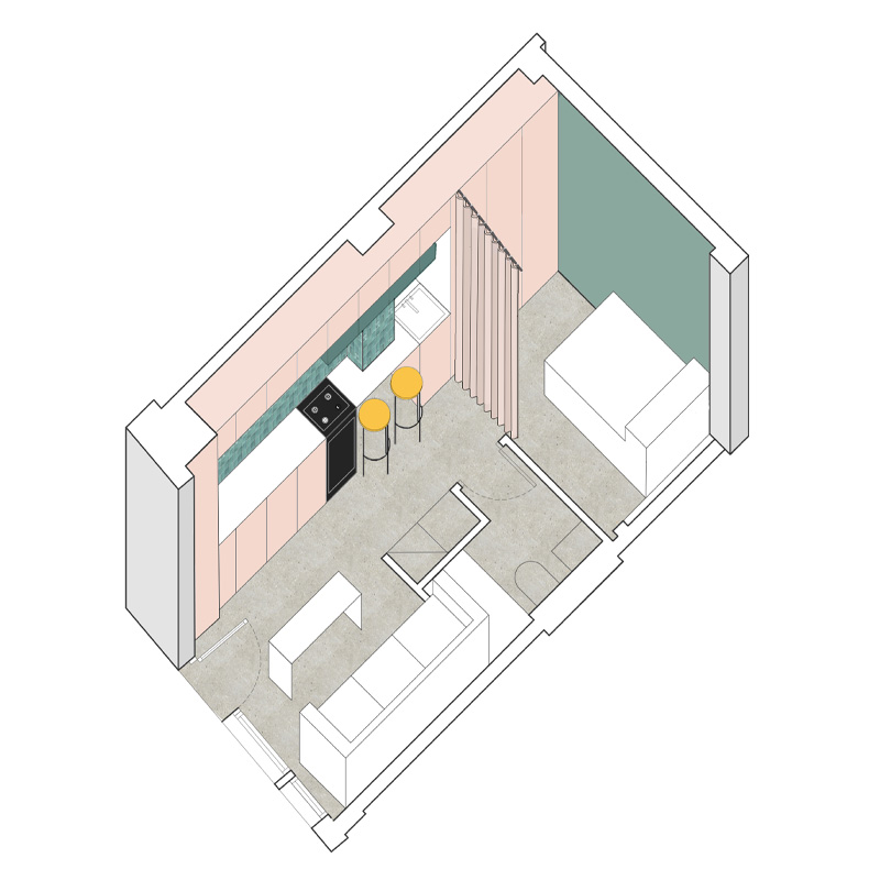 Dibujo Axonometría Interior OOIIO Apartamentos MAN Tipo 4