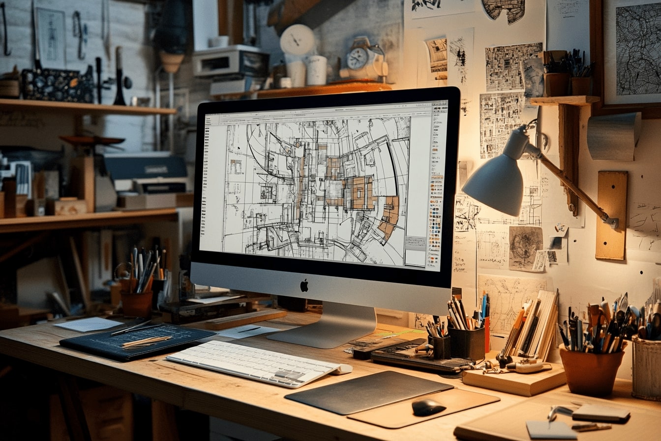 Qué hace un arquitecto en realidad – Imagen 1 Mesa de trabajo real en estudio de arquitectura con planos y ordenador