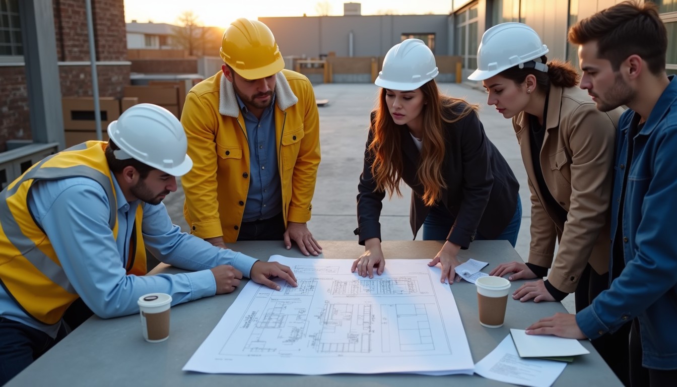 Dos técnicos revisando planos en obra con cascos de seguridad