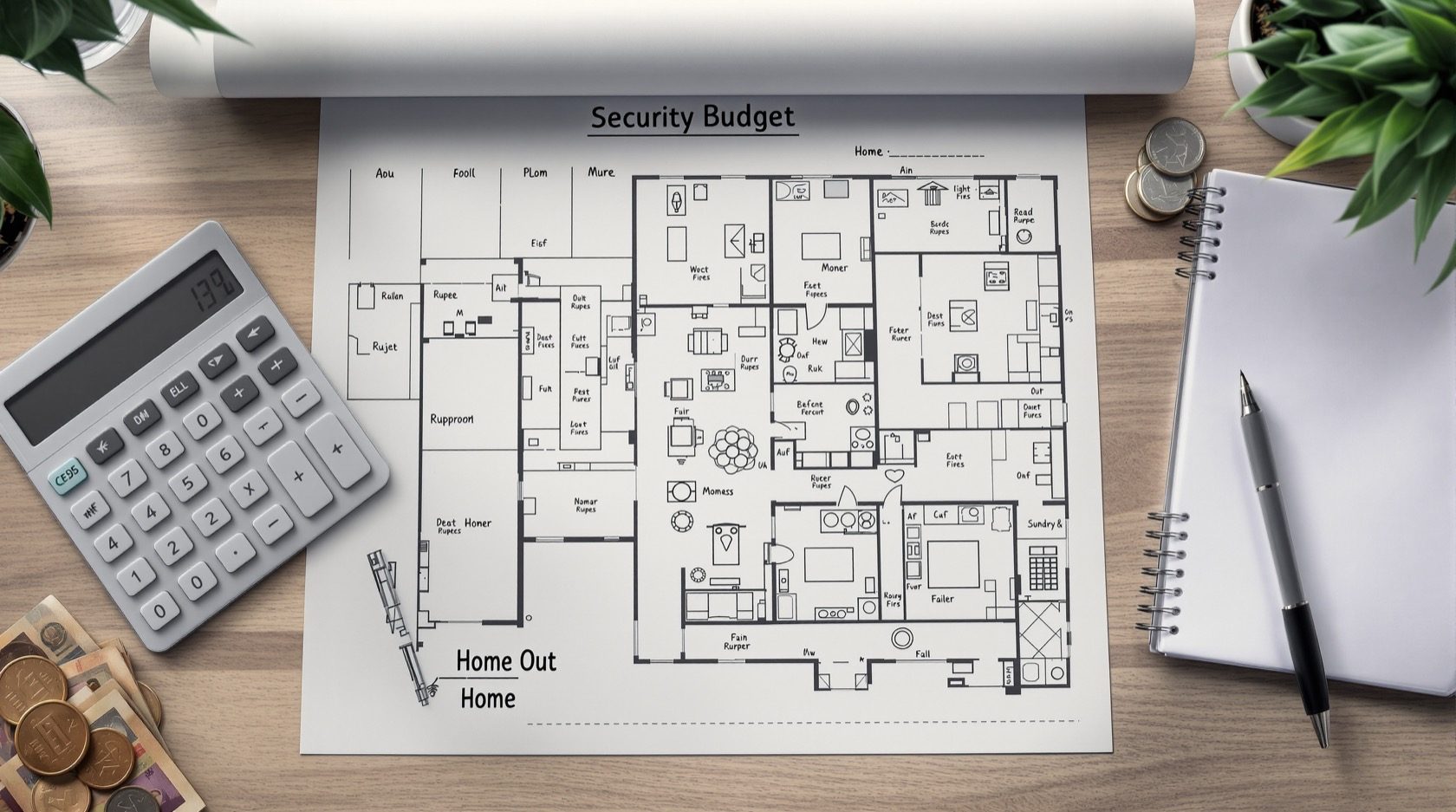 Mesa de estudio de arquitectura con planos y calculadora sobre presupuesto de obra