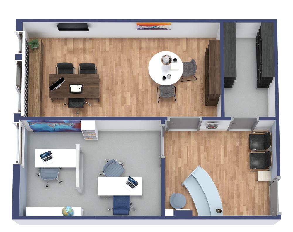 Mesa de trabajo con planos técnicos y muestras de materiales para diseño de interiores
