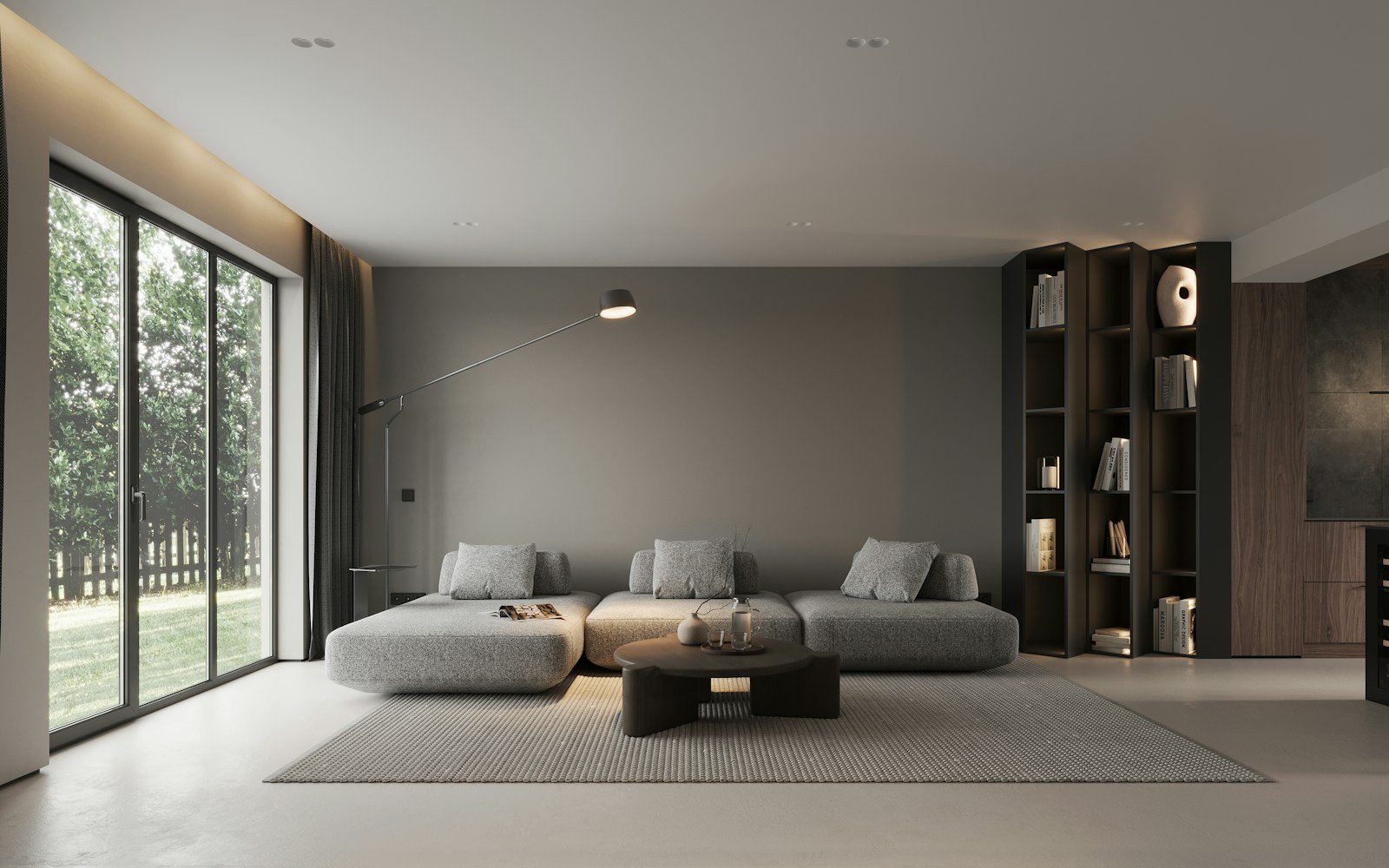 Salón de doble altura con gran ventanal en vivienda contemporánea terminada